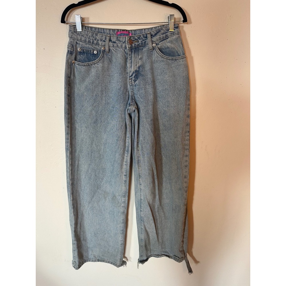 Edikted Light Wash High Waisted Straight Leg Distressed Hem Jeans Size S